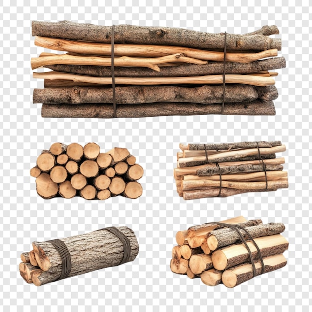 Colección de troncos de leña de varias formas y tamaños cuidadosamente agrupados listos para su uso en chimeneas o estufas rústicas y naturales