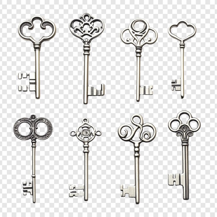 PSD Gratis collection of eight antique skeleton keys elegant and ornate designs silver metal finish vintage style