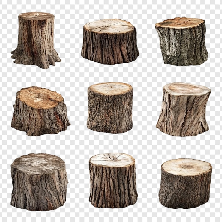 PSD Gratis collection of nine tree stumps various shapes and sizes isolated on transparent background