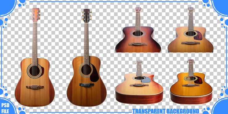 PSD gratuito collezione di chitarre acustiche su sfondo trasparente