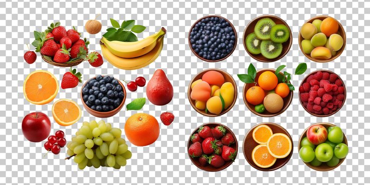 PSD gratuito collezione di frutta fresca in ciotole su uno sfondo trasparente