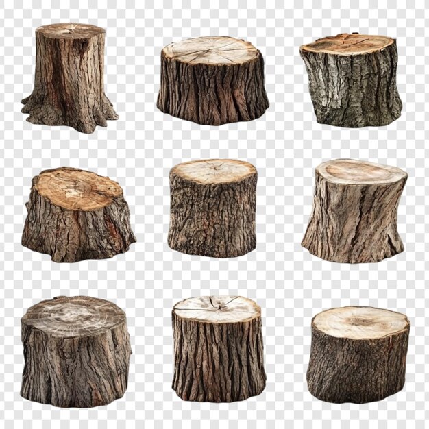 Collezione di nove tronchi di alberi di varie forme e dimensioni isolati su uno sfondo trasparente