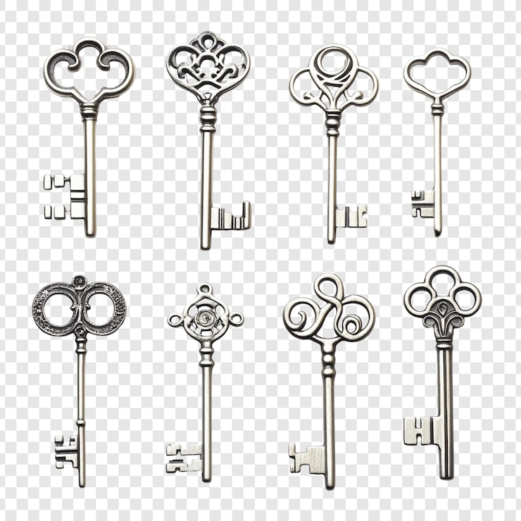 PSD gratuito collezione di otto chiavi scheletriche antiche disegni eleganti e ornati finitura in metallo argento stile vintage