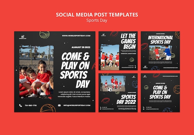 Collezione di post di instagram per la giornata sportiva con palline disegnate a mano