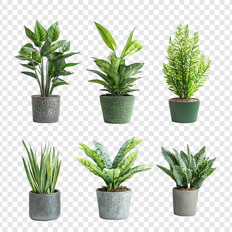 PSD gratuito collezione di sei piante d'interno in vaso fogliame verde decorazione della casa