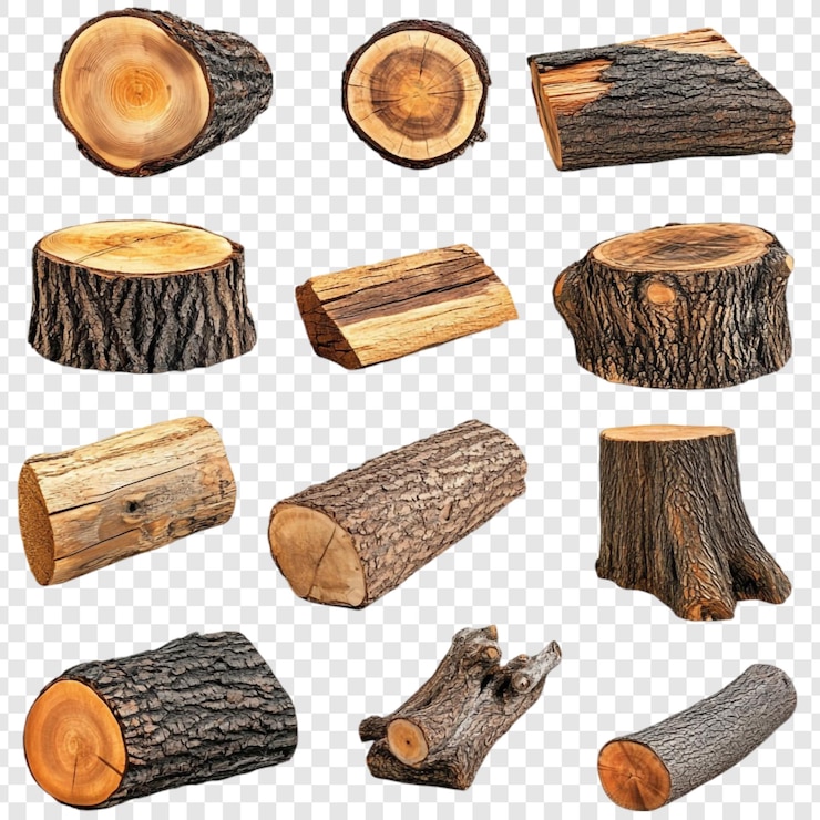 PSD gratuito collezione di vari tronchi di legno, tronchi d'albero e pezzi di legno tagliati