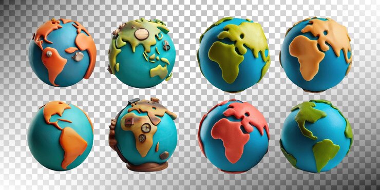 PSD Gratis colorful 3d globes with landmasses and oceans