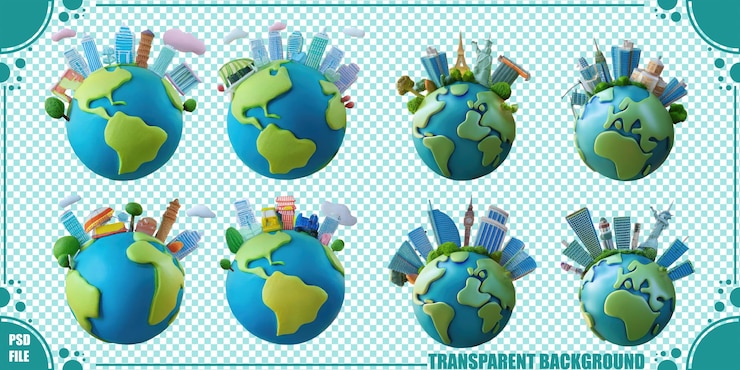 PSD Gratis colorful globes with cityscapes and nature elements