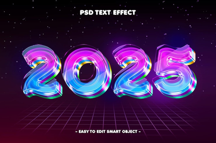 PSD Gratis colorful glowing happy new year 2025 editable text effect