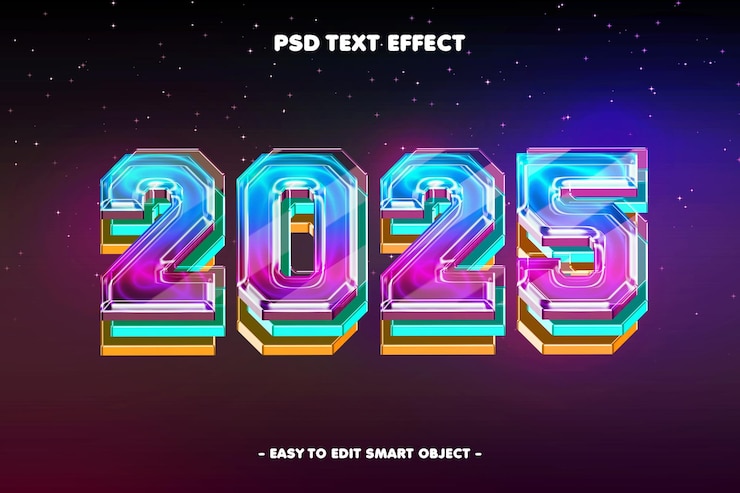 PSD Gratis colorful glowing happy new year 2025 text effect
