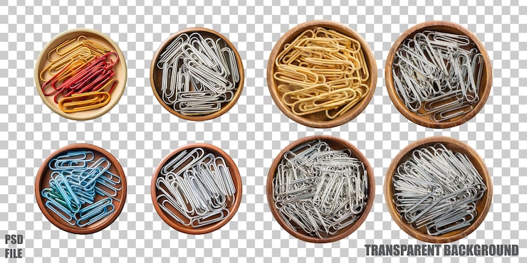PSD Gratis colorful paper clips in wooden bowls on transparent background