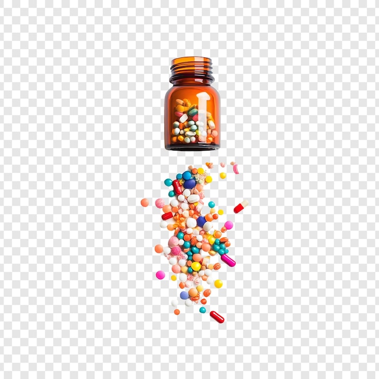 PSD Gratis colorful pills spilling from amber bottle