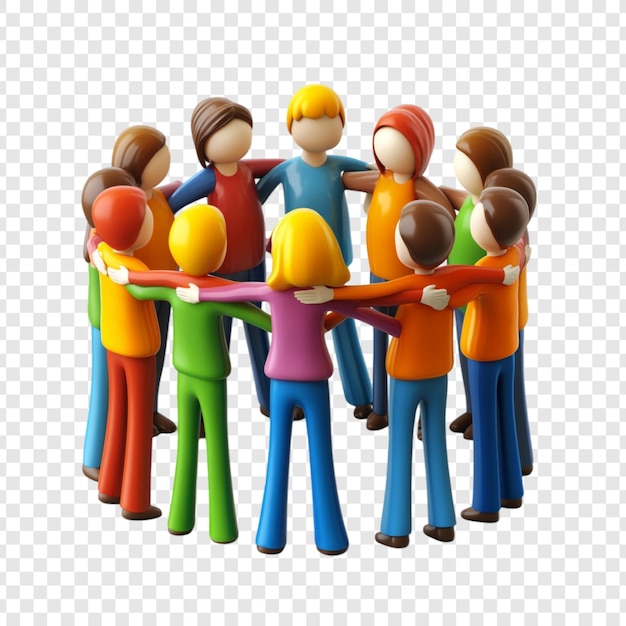 Colorida representación en 3D de diversas personas en un círculo de abrazos que ilustran la unidad y la unión