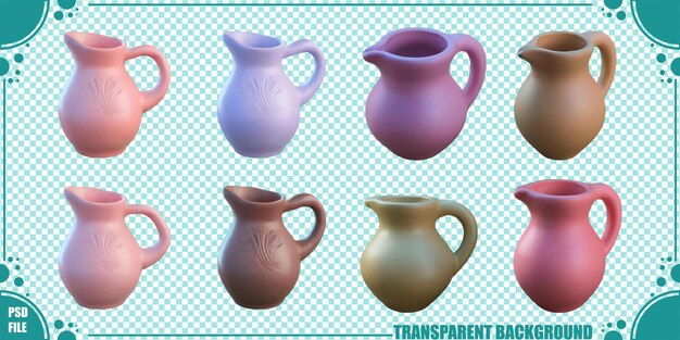 Las coloridas jarras de arcilla de varios tonos y diseños