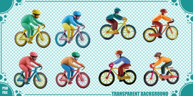 Coloridos ciclistas en bicicletas en diversas posturas