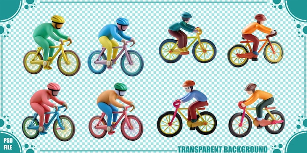 Coloridos ciclistas en bicicletas en diversas posturas