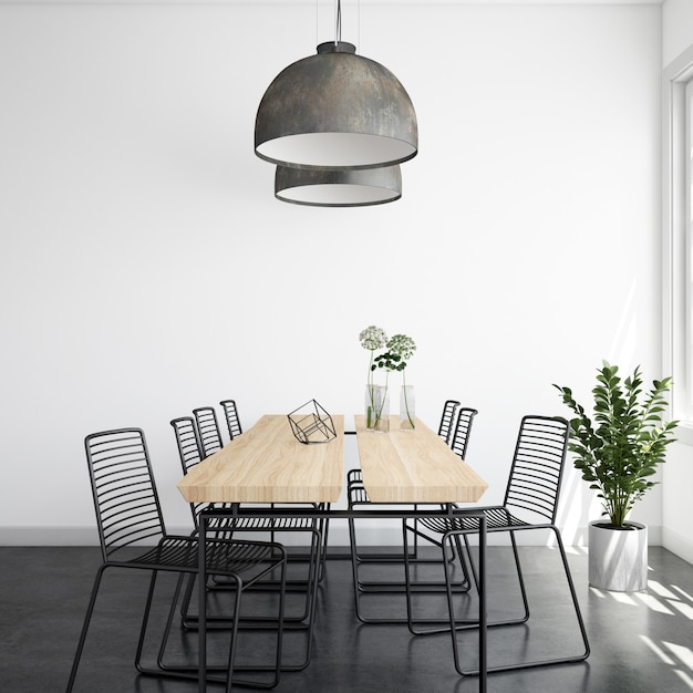 Comedor moderno, luminoso y realista con mesa y sillas de madera