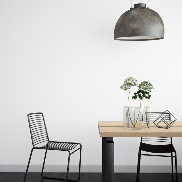 comedor moderno, luminoso y realista con mesa y sillas de madera