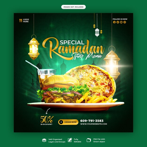 Comida especial de Ramadán Kareem y menú iftar banner de redes sociales o plantilla de publicación de Instagram