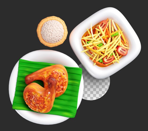 Comida tailandesa en 3D vista superior pollo a la parrilla arroz pegajoso y ensalada de papaya ilustración