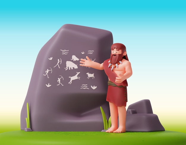 Composición 3d del personaje cavernícola prehistórico