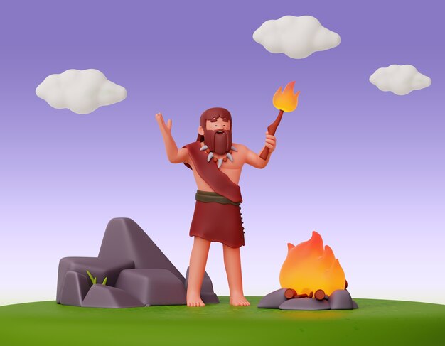 Composición 3d del personaje cavernícola prehistórico