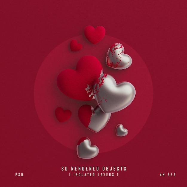 PSD gratuito composición decorativa de corazones de amor lindo del día de san valentín representación 3d aislada y transparente