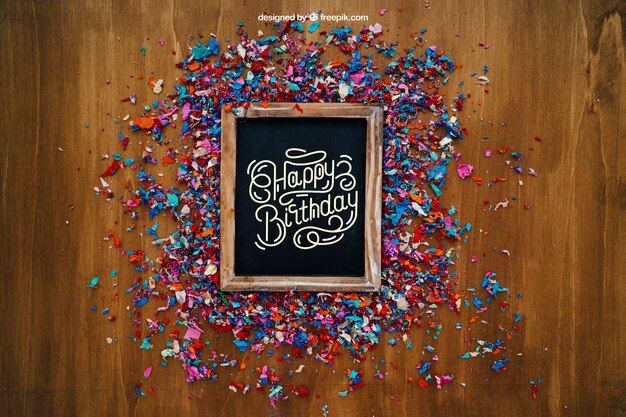 Composición de fiesta con pizarra y confeti