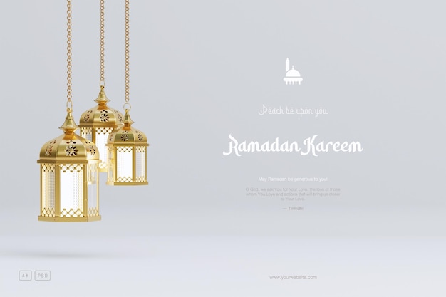 Composición de fondo de saludo de Ramadán islámico con farolillos árabes colgantes y adornos