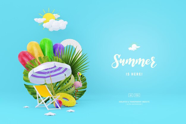 Composición de plantilla de fondo de verano con hojas tropicales y objetos de playa ilustración 3D