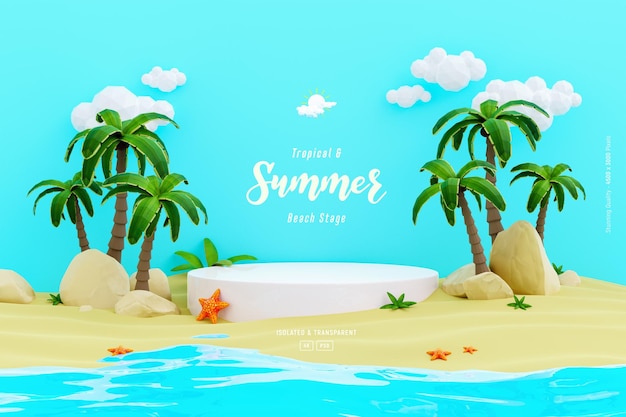 Composición de plantilla de fondo de verano con lindo escenario de podio Palmeras y objetos de playa