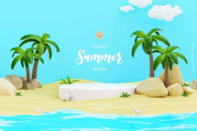 Composición de plantilla de fondo de verano con lindo escenario de podio Palmeras y objetos de playa
