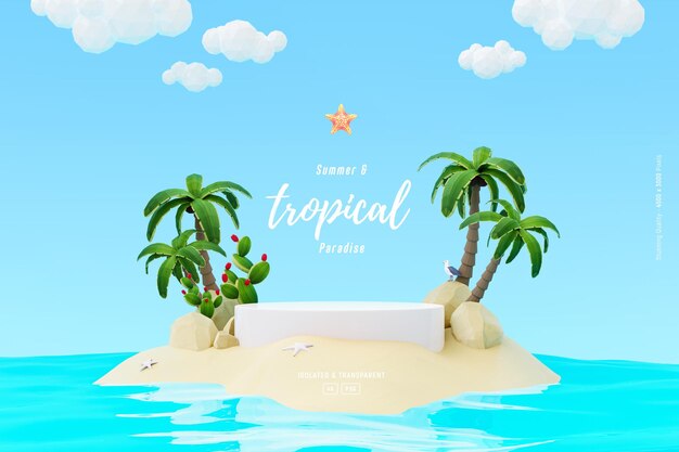 Composición de la plantilla de fondo de verano con podio Palmeras y objetos de playa en una linda isla pequeña