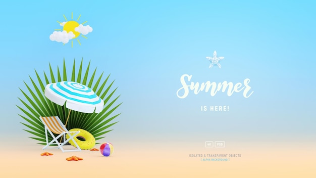 Composición de plantilla de fondo de verano con sombrilla de playa Hojas de palma y objetos de playa
