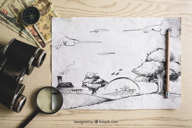 Composición de viaje con papel