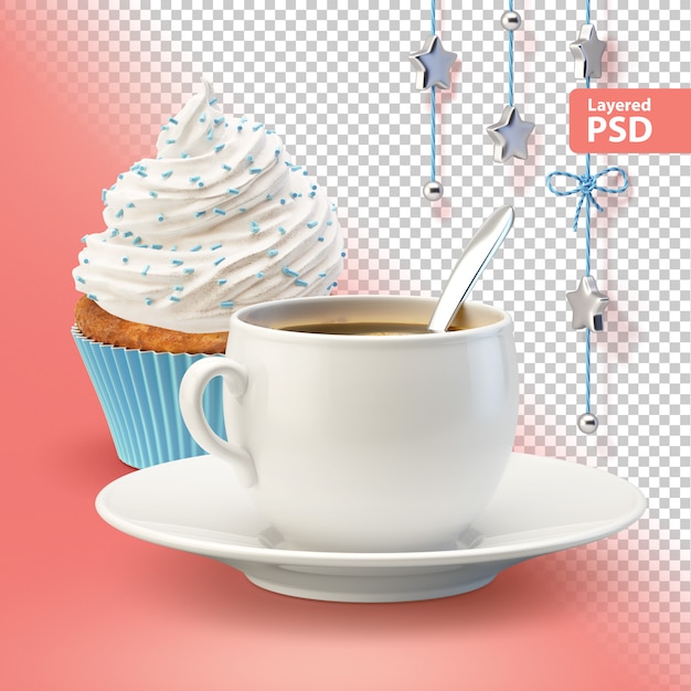 composizione con tazza di caffè bianco e cupcake