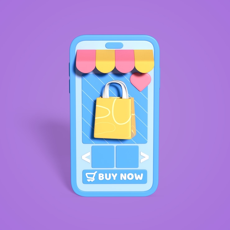 PSD gratuito concepto de compras en línea: teléfono inteligente con bolsa de compras