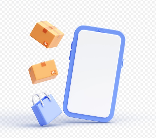 Concepto de compras móviles en 3D con cajas de entrega y bolsa de compras