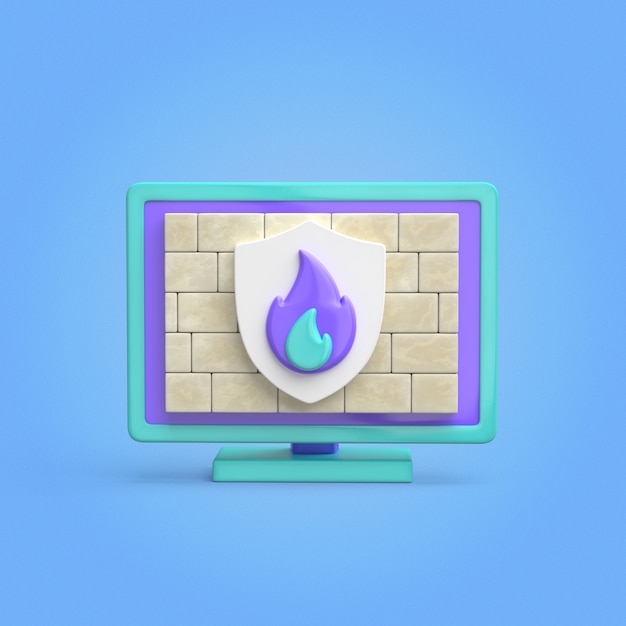 Concepto de cortafuegos: pantalla de computadora con escudo y llama