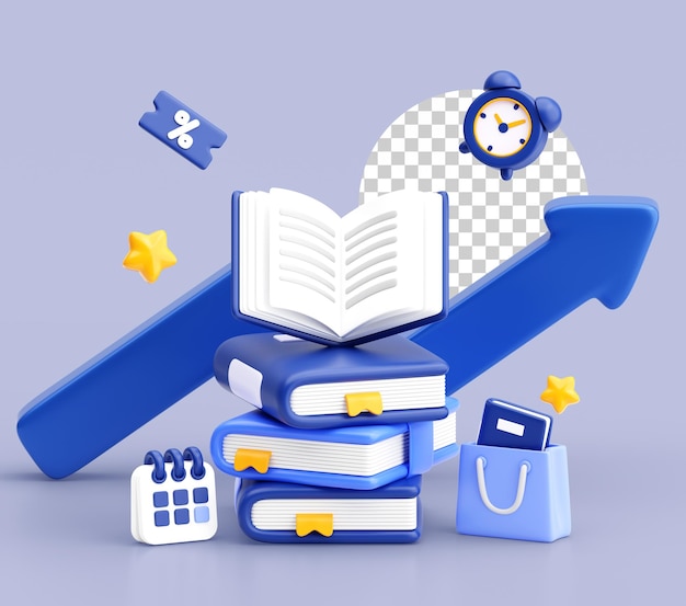 Concepto de educación y aprendizaje en 3D con libros, calendario, reloj y flecha de crecimiento