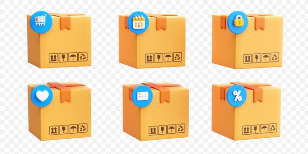 Concepto de embalaje de entrega de elementos de caja de envío personalizables Ilustración de fondo en 3D