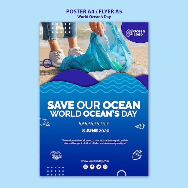 Concepto de plantilla de cartel del día mundial de los océanos