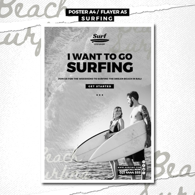 PSD gratuito concepto de plantilla de cartel de surf