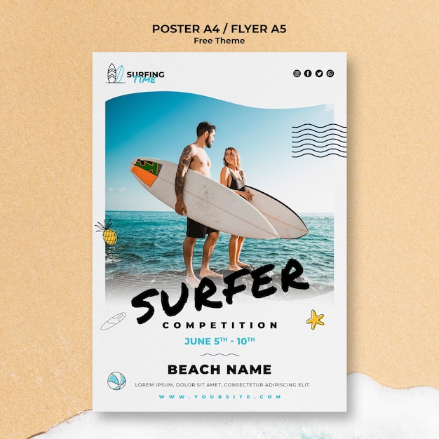 PSD gratuito concepto de plantilla de cartel de surfista