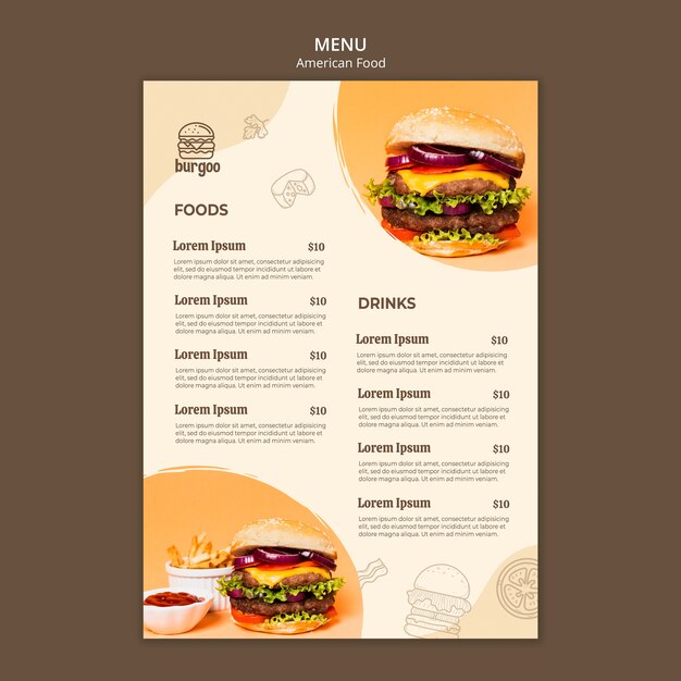 Concepto de plantilla de menú de comida americana