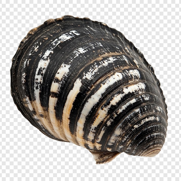 Concha de mar negra y blanca llamativa Un macro de primer plano