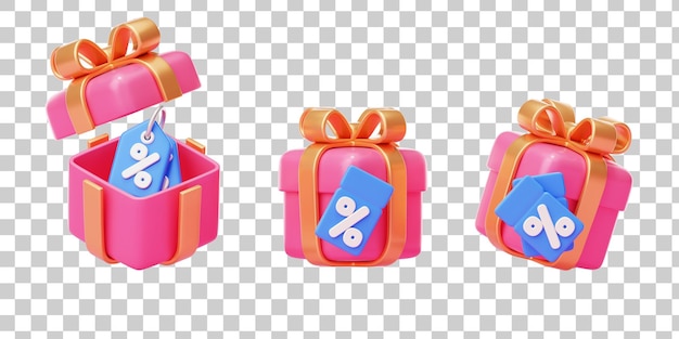 PSD gratuito conjunto de caja de regalo rosa con etiqueta de descuento icono de cupón amor valentín concepto de sorpresa de boda 3d