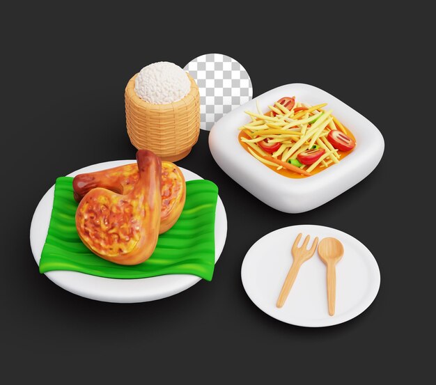 Conjunto de comida tradicional tailandesa Ilustración 3D pollo a la parrilla arroz pegajoso y ensalada de papaya plana