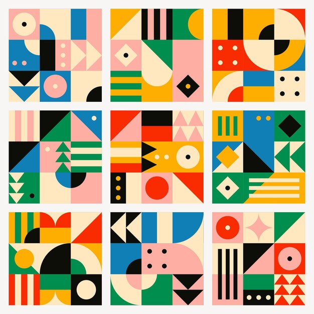 Conjunto de diseño plano psd de patrones sin fisuras inspirado en la Bauhaus