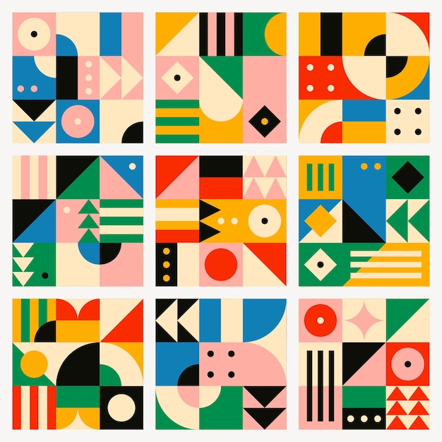 Conjunto de diseño plano psd de patrones sin fisuras inspirado en la Bauhaus